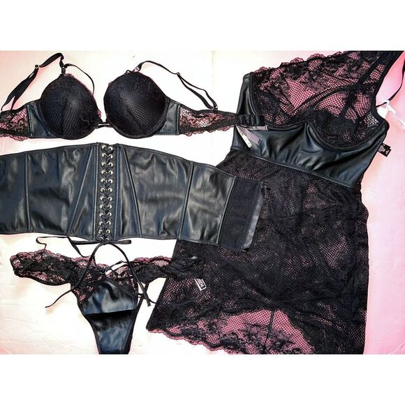 Victoria's Secret 36B BRA SET+CINCHER+M DRESS BLACK faux LEATHER